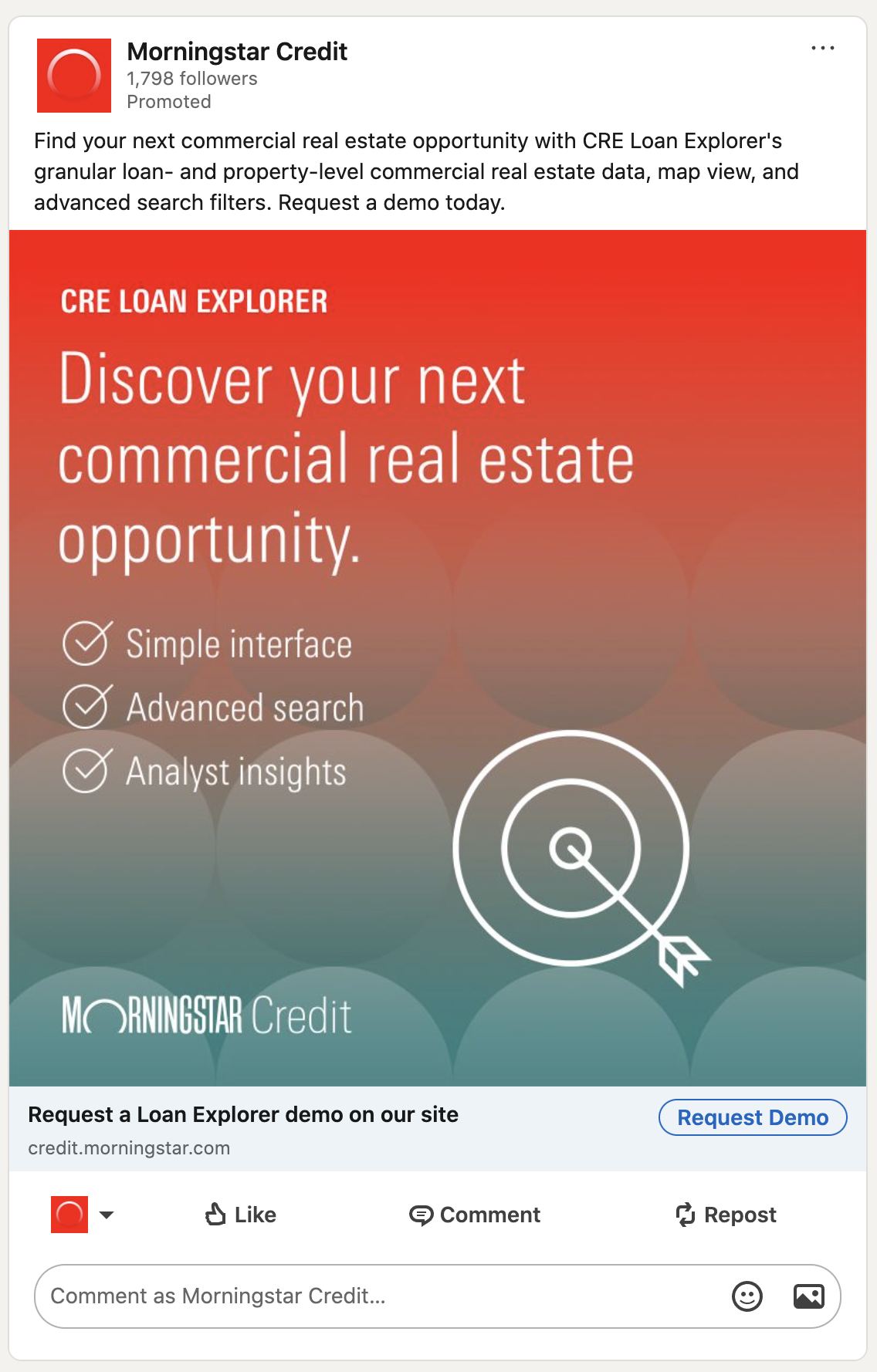 CRE Loan Explorer LinkedIn ad: Discover commercial real estate loan data that matters to you